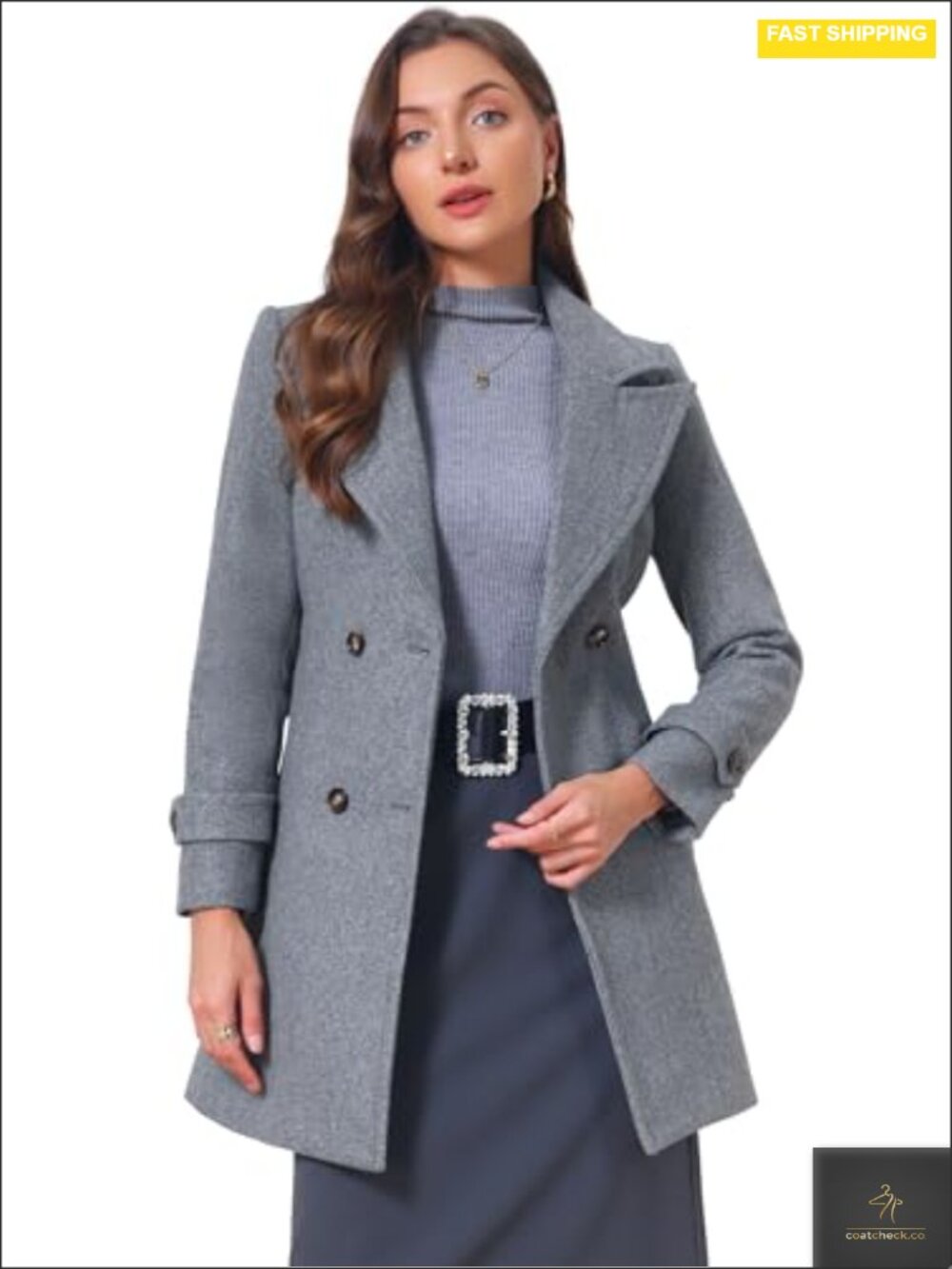 Women's Double-Breasted Peacoat Belted Notch Lapel Winter Coat